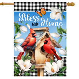 Bless This Home Cardinal House Flag with red cardinals, butterfly, and white flowers on wood background.