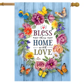 Bless This Home With Love House Flag with colorful flowers and butterflies on blue wood background.