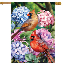 Perched Cardinals House Flag with vibrant cardinals and hydrangeas in shades of pink, purple, and blue.