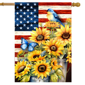 American Country House Flag with sunflowers, blue bird, butterfly, and USA flag background design.