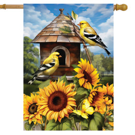 Goldfinches and sunflowers house flag with birdhouse, yellow birds, and vibrant sunflowers on a blue background.