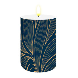 Organic Flow Flameless Candle, navy blue with gold leaf pattern, flameless candle with yellow glow.