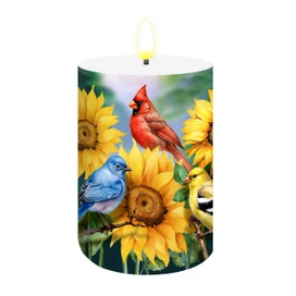 Birds in the Garden Flameless Candle with red cardinal, blue bird, and yellow bird on sunflowers.
