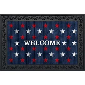 Wood American Flag Doormat with welcome text and red, white stars on blue wood grain background.