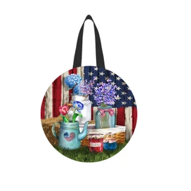 American Picnic Wood Door Hanger with patriotic floral design on a rustic wooden background setting.