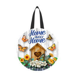 Country Home Sweet Home Wood Door Hanger with butterflies, flowers, and heart design on white background.