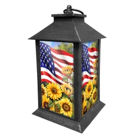 American Sunflowers Lantern with black metal frame and American flag sunflower design on glass panels.