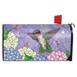 Hummingbird and Hydrangea mailbox cover with purple background, green hummingbird, and blue, pink, white hydrangeas.