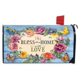 Bless This Home With Love mailbox cover with colorful flowers and butterflies on a blue background.