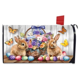 Welcome Bunny and Basket colorful Easter mailbox cover with bunnies, eggs, and butterflies design.