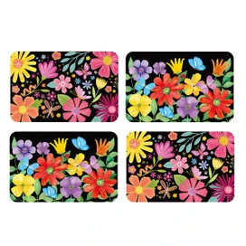 Four colorful floral placemats with vibrant flowers on a black background, Spring Fling Placemat 4-pack.