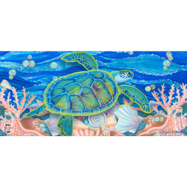 Swimming Sea Turtle Mini Mat with colorful coral and ocean scene design in shades of blue.