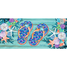 Enjoy Life Flip Flops Mini Mat with colorful tiles and seashells on a wooden ocean background.