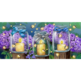 Fireflies Mini Mat with three glass jars, candles, and purple flowers surrounded by fireflies.
