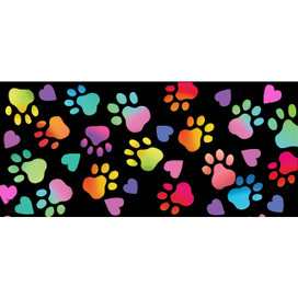Rainbow Pawprints Mini Mat with colorful paw prints and hearts on a black background.