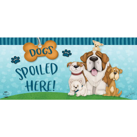 Dogs Spoiled Here Mini Mat with colorful cartoon dogs and playful design on blue background.