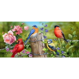 Fence Post Birds Mini Mat with colorful birds, flowers, and greenery on a wooden fence post.
