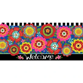 Vibrant floral welcome mat with colorful flowers and black border, Bright Blooms Mini Mat design.