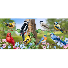 Country Birds Mini Mat with colorful birds and flowers around a wooden post outdoors.