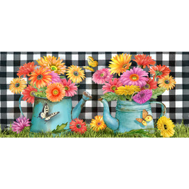 Gerber Daisy Watering Can Mini Mat with colorful flowers and butterflies on a checkered background.