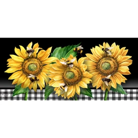 Buzzing Sunflowers Mini Mat with yellow sunflowers, green leaves, and bees on black and white checkered background.