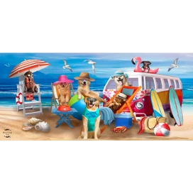Dog Days Beach Mini Mat with colorful beach scene and dogs on the sand.