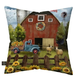 Sunflower Barn Indoor/Outdoor Pillow, red barn, blue truck, sunflowers, and sheep design, farm themed throw.