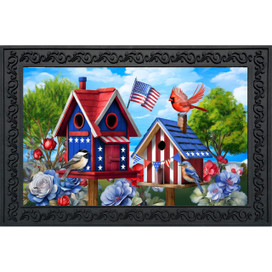 Patriotic birdhouses with American flags, birds, and flowers on a doormat with decorative black border.