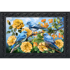 Bluebirds on a branch with yellow roses and orange flowers in a black framed Bluebirds and Roses Doormat.