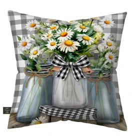 Farmhouse Jars Indoor/Outdoor Pillow with daisies in mason jars on gray and white checkered background.