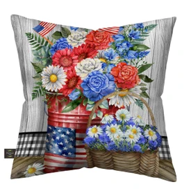 Red White and Beautiful Indoor/Outdoor Pillow with floral and American flag design on white background.