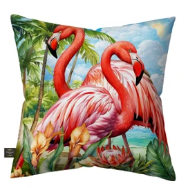Flamingo Pair Indoor/Outdoor Pillow, pink flamingos on tropical beach scene with palm trees and flowers.