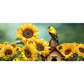 Goldfinch and Sunflowers Summer Mini Mat with yellow bird, sunflowers, and brown birdhouse on green background.