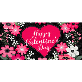 Happy Valentine's Mini Mat with pink heart, flowers on black background, Valentine's Day greeting card design.