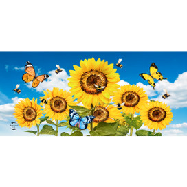 Sunflowers and bees design on large mini mat with butterflies and blue sky background vibrant colors.