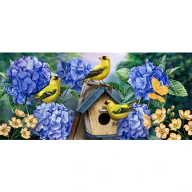 Goldfinches and Hydrangea Mini Mat with yellow birds, blue hydrangeas, and wooden birdhouse design.