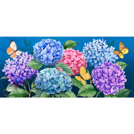 Colorful Hydrangeas mini mat with blue, pink, purple hydrangeas and butterflies on a blue background.