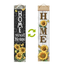 Elegant Sunflowers Pine Reversible Porch Leaner with HOME sweet Home and sunflower designs on both sides.