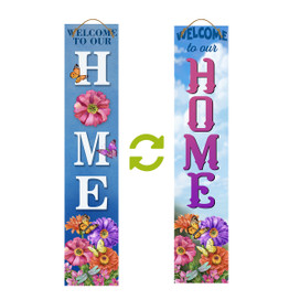 Reversible porch leaner with Welcome Home butterflies flowers design, blue and purple color scheme.