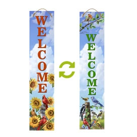 Spring Birds Pine Reversible Porch Leaner with welcome sign, sunflowers, and birds on blue background.
