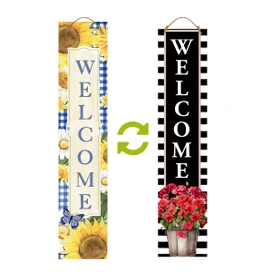 Reversible porch leaner with sunflowers and red flowers, Country Flowers Pine Welcome sign, black and white.