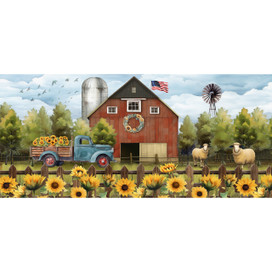 Sunflower Barn Mini Mat, red barn, blue truck, sunflowers, sheep, and windmill in a rural setting.