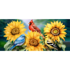 Birds in the Garden Mini Mat with sunflowers and colorful birds including blue, red, and yellow birds.