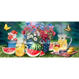 American Lemonade Mini Mat, colorful still life with flowers, fruits, and patriotic elements on grass.