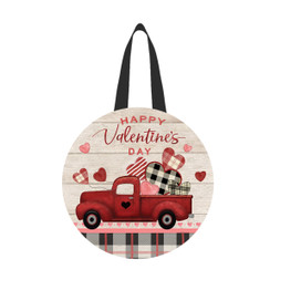 Red Valentines Love Pickup Wood Door Hanger with black straps and plaid design and hearts.