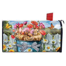 Bucket of Bunnies Mailbox Cover with colorful flowers, butterflies, and bunnies in a blue bucket.