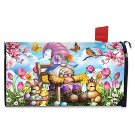 Easter Basket Gnome Mailbox Cover with colorful gnome, bunnies, and flowers on a blue background.