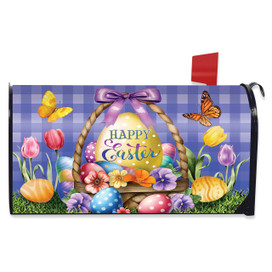 Happy Easter Egg Basket colorful mailbox cover with purple bow and butterflies on blue gingham background.