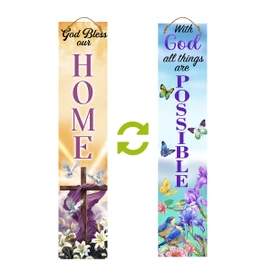Reversible porch leaner with cross, butterflies, flowers, and inspirational quotes on both colorful sides.