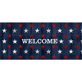 Wood American Flag Mini Mat with welcome text and red, white stars on dark wood grain.